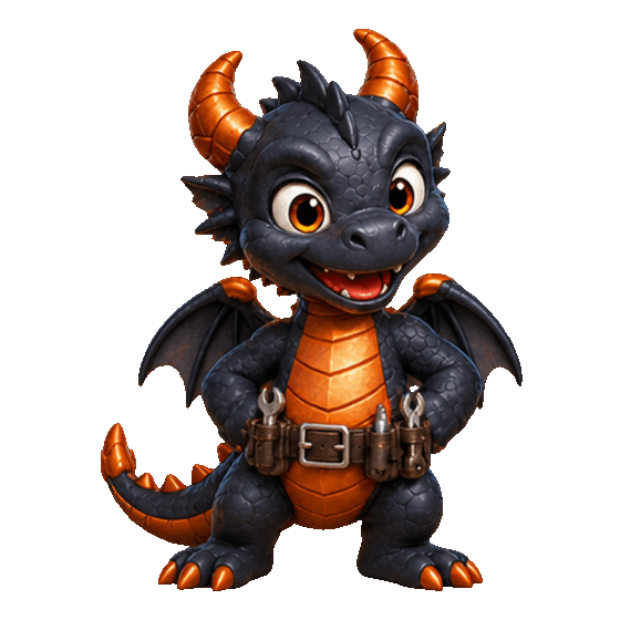 Sparky waves, presents his wrench, creates a small flame, and gives a thumbs-up